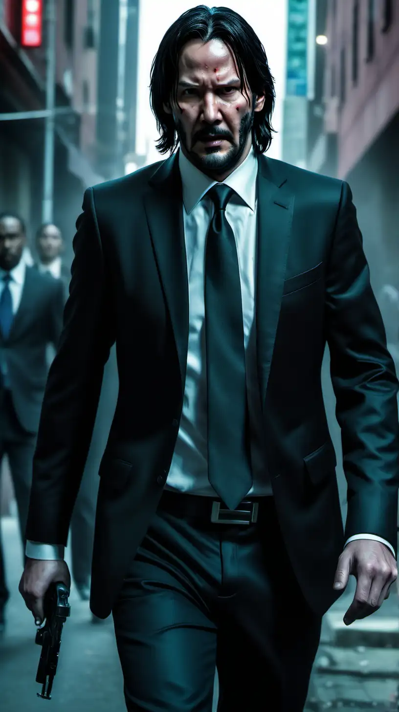 Generate a hyper-realistic image of a man who closely resembles the character John Wick from the movie series. The man should be walking confidently towards the camera, with a stern and intense expression, similar to John Wick's iconic appearance. Pay meticulous attention to details, lighting, and realism to create an image that captures the essence of John Wick's look, intensity, and action, ensuring that it is instantly recognizable to fans of the character.
