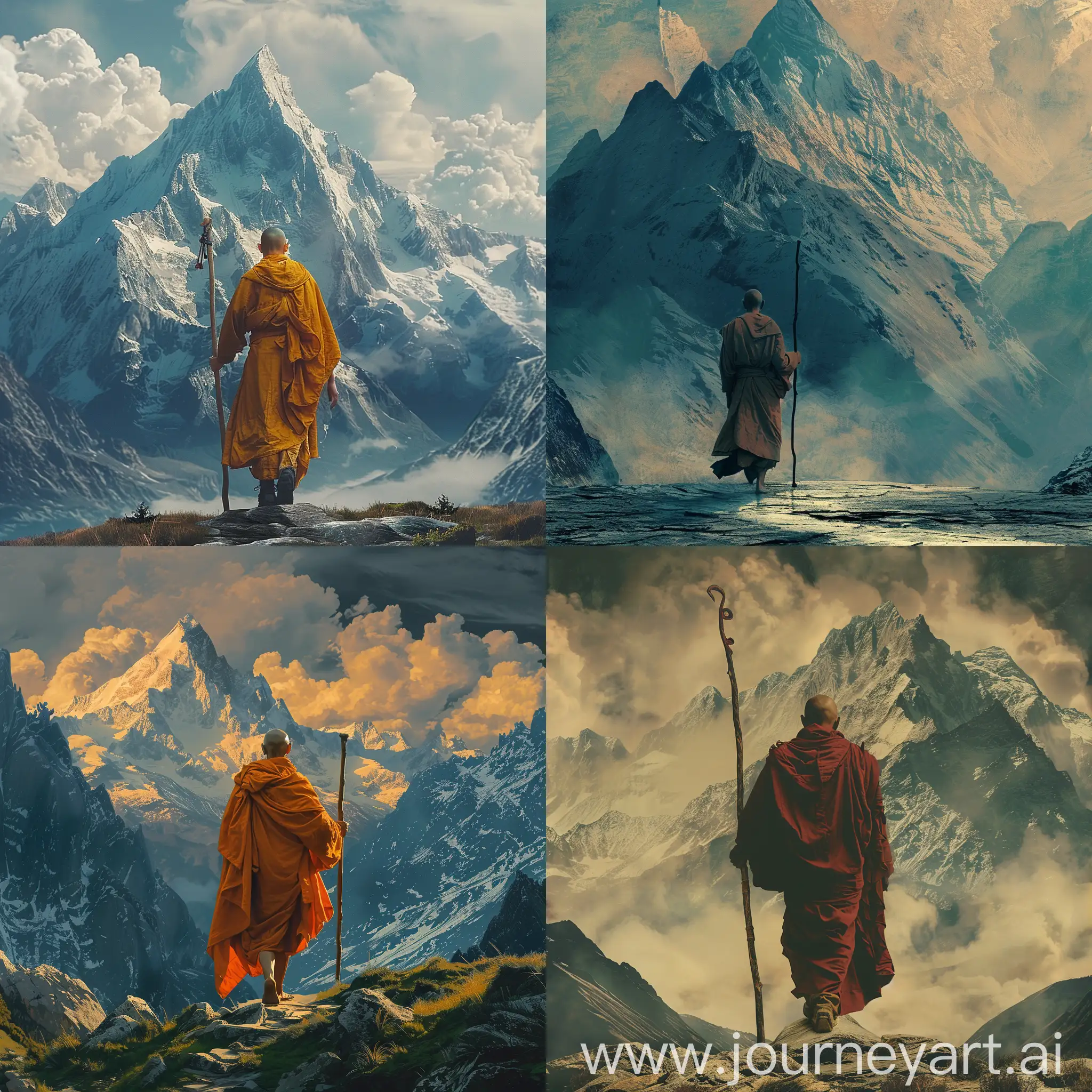 A Monk, Traveling, Mountains, Staff in Hand, Aesthetic