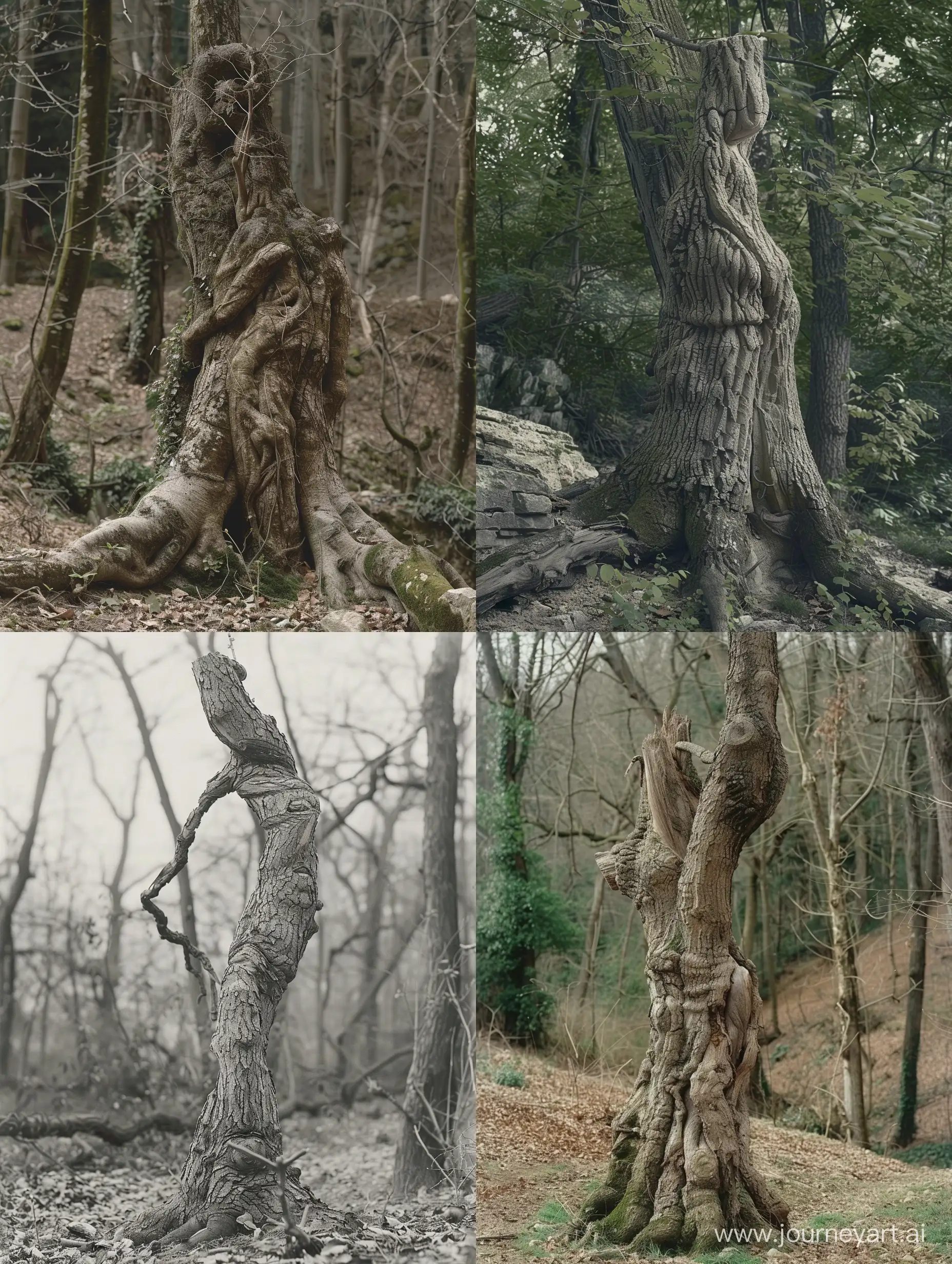 A tree that once was a woman. The tree resembles a woman, with a body, a face, arms and legs. The tree is standing in a forest. Realistic photograph
