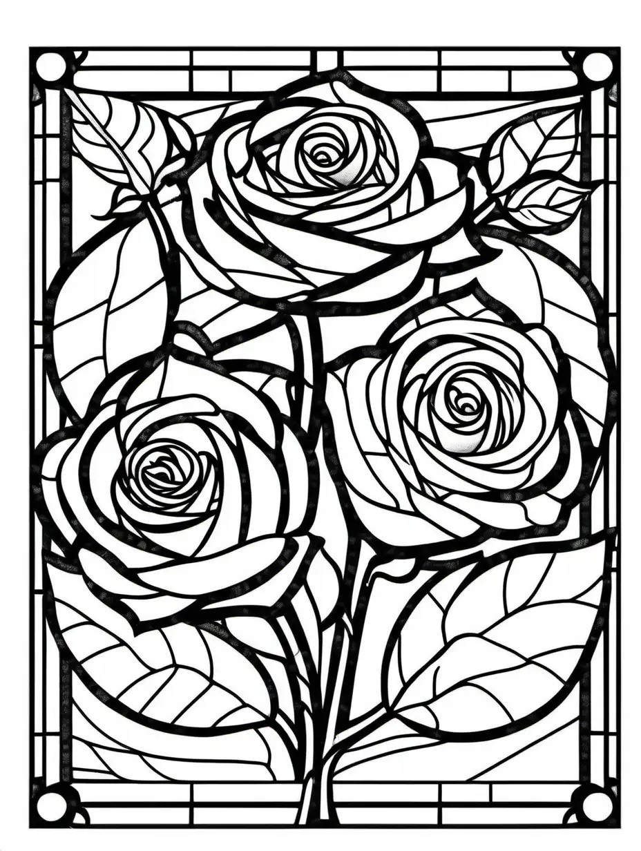 roses, stained glass, line drawing, adult coloring page, black and white, clean lines