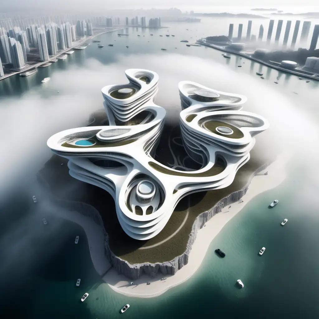 A series of one story overlapping Criss cross white zaha hadid buildings at different levels, an island see fog context