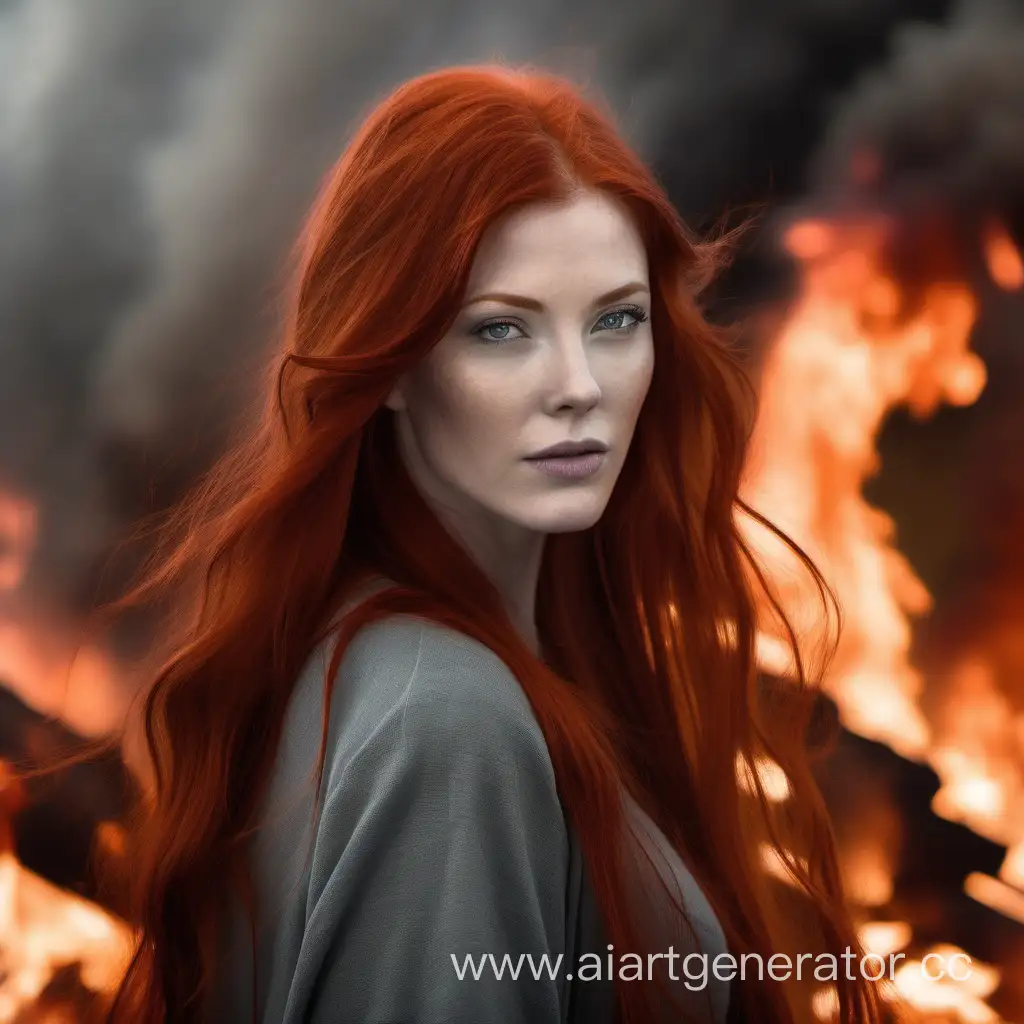 Beautiful-Woman-with-Long-Red-Hair-Against-a-Fiery-Background