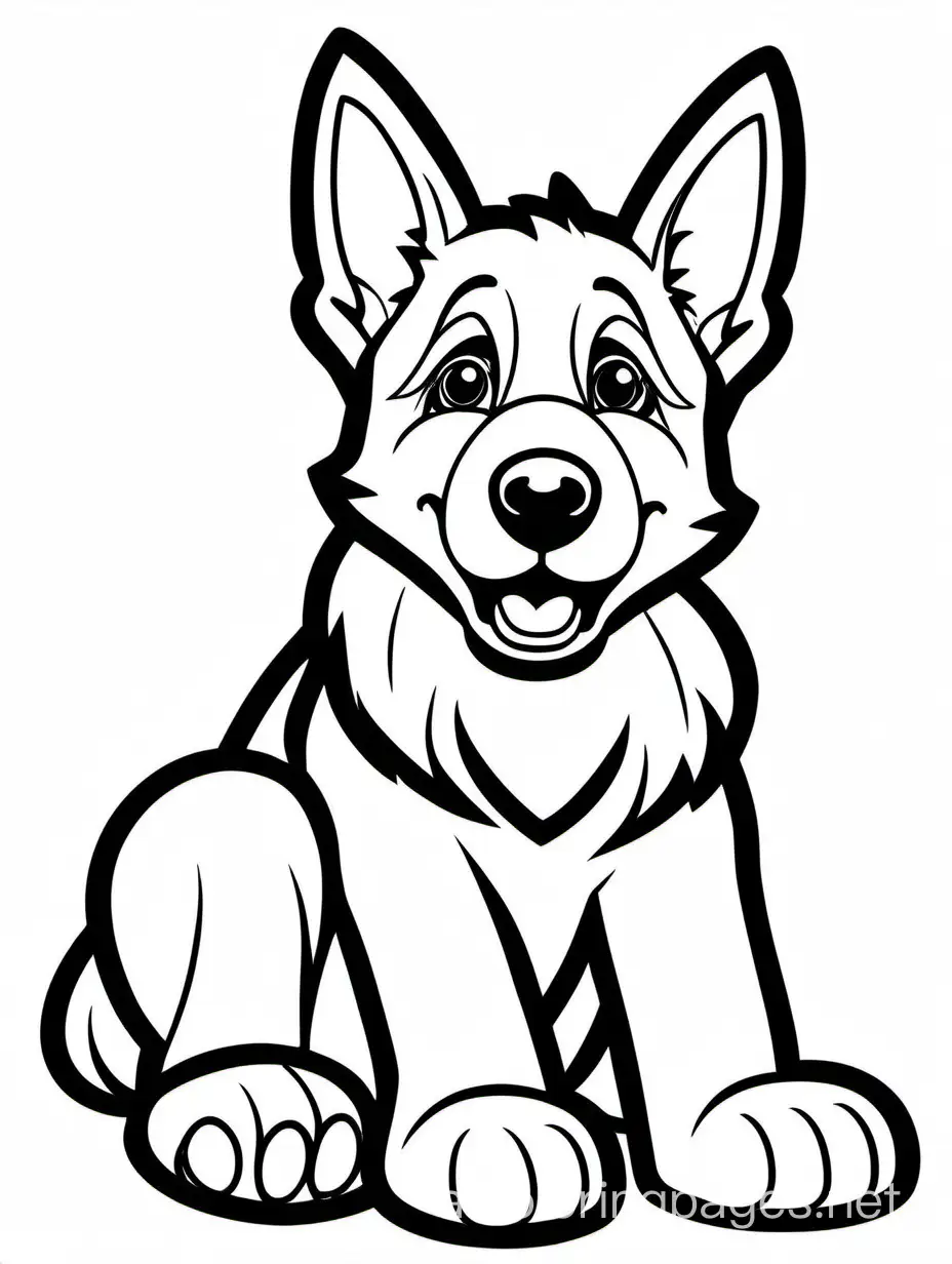 a sitting happy baby German shepherd, isolated on a solid white background, Coloring Page, black and white, line art, white background, Simplicity, Ample White Space. The background of the coloring page is plain white to make it easy for young children to color within the lines. The outlines of all the subjects are easy to distinguish, making it simple for kids to color without too much difficulty., Coloring Page, black and white, line art, white background, Simplicity, Ample White Space. The background of the coloring page is plain white to make it easy for young children to color within the lines. The outlines of all the subjects are easy to distinguish, making it simple for kids to color without too much difficulty