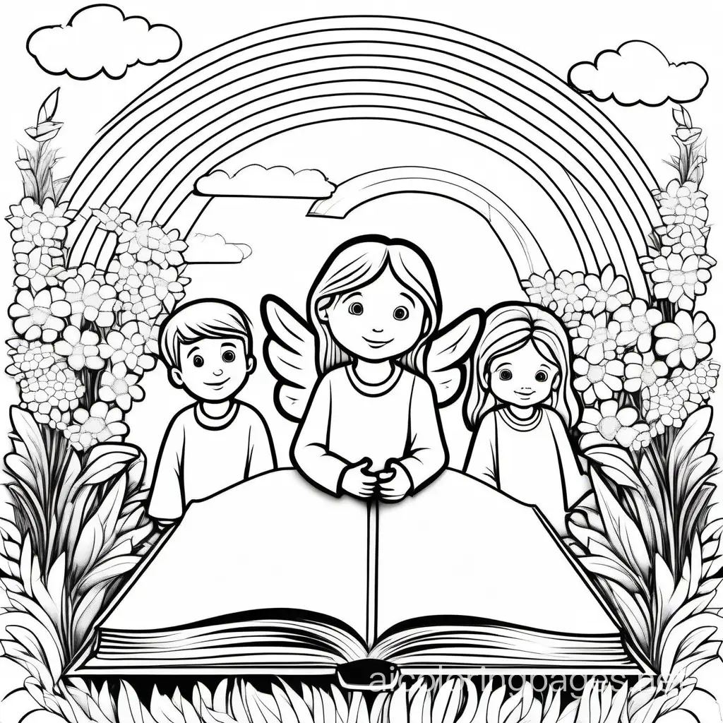  a realistic angel, Jesus, a praying child and an open book in a field of flowers and books a sunny day with a rainbow in the sky , Coloring Page, black and white, line art, white background, Simplicity, Ample White Space. The background of the coloring page is plain white to make it easy for young children to color within the lines. The outlines of all the subjects are easy to distinguish, making it simple for kids to color without too much difficulty