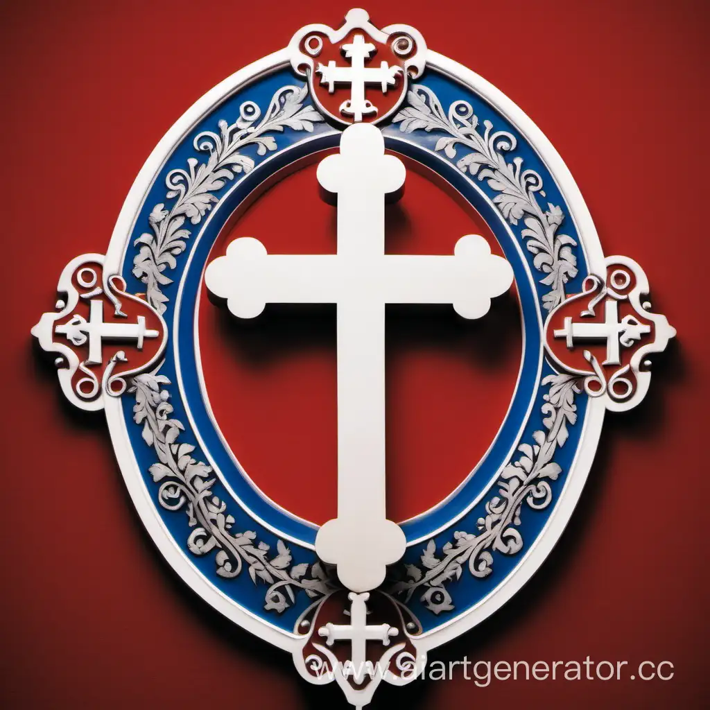 A white Orthodox cross and a blue oval behind it on a red background