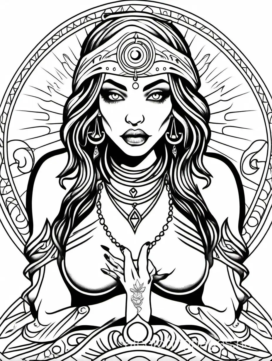 mystical coloring page sexy pinup girl with tattoos third eye fortune teller, Coloring Page, black and white, line art, white background, Simplicity, Ample White Space. The background of the coloring page is plain white to make it easy for young children to color within the lines. The outlines of all the subjects are easy to distinguish, making it simple for kids to color without too much difficulty