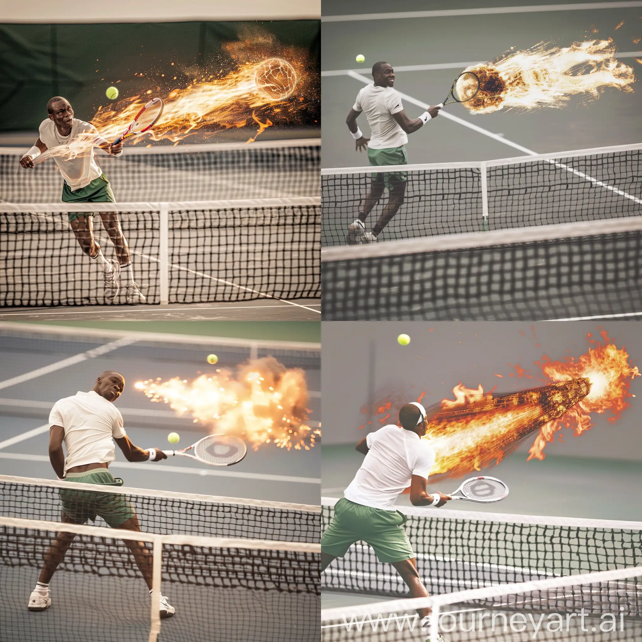 Create a surrealistic image of a Nigerian tennis player, wearing white over green shorts, hitting the tennis ball in a powerful serve, the ball flies off trailing fire like a meteor flying across the tennis court, over the net