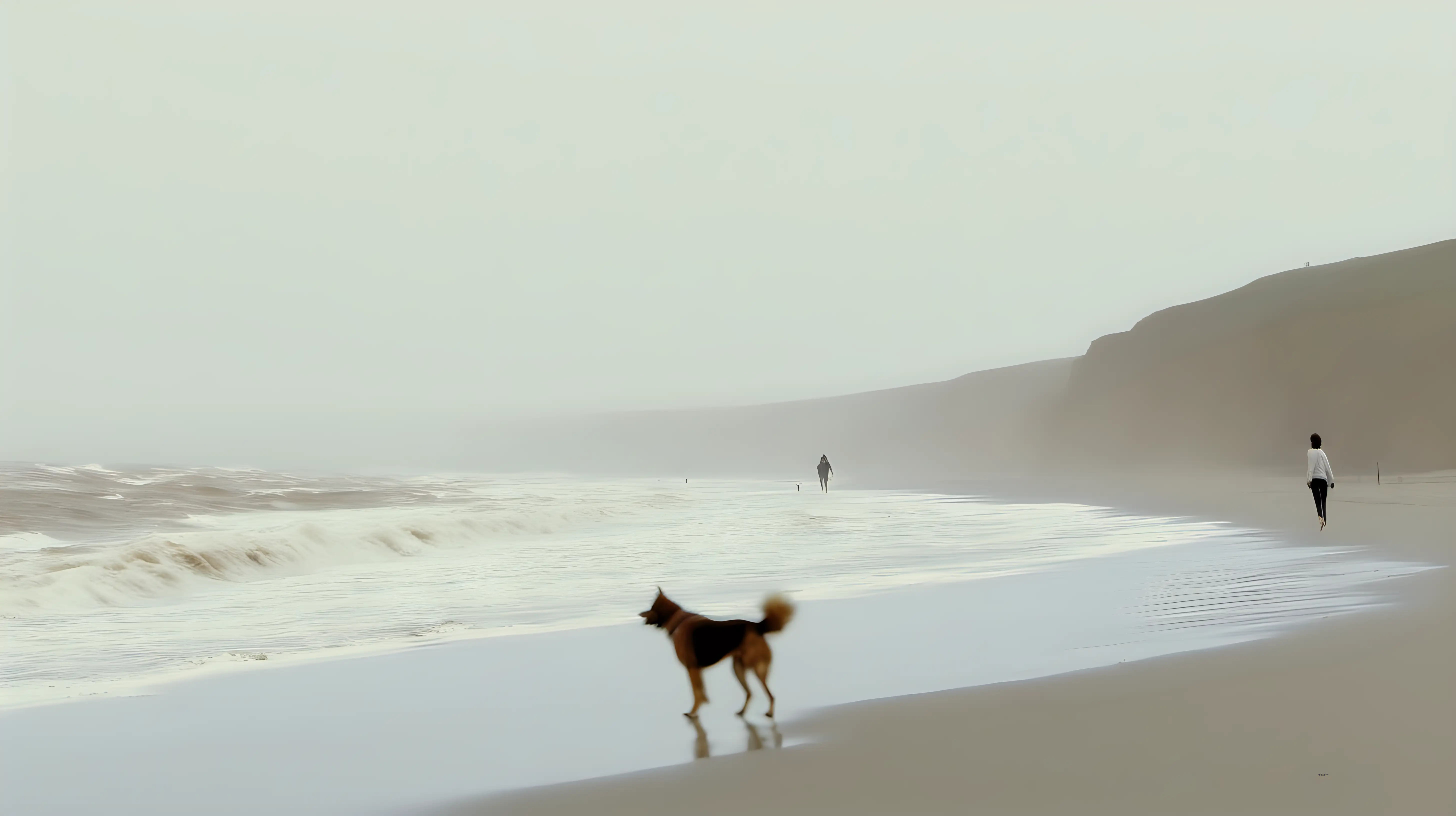 Serene Solitude Individual and Canine Companion by the Vast Shoreline