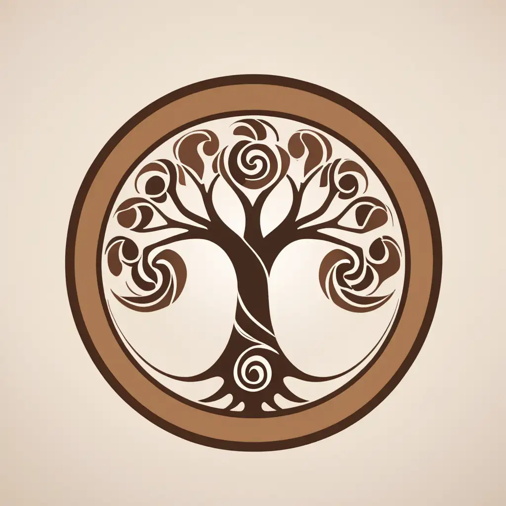 Create a logo of a sturdy tree integrating a triskelion motif. Earthy tones convey resilience and growth.