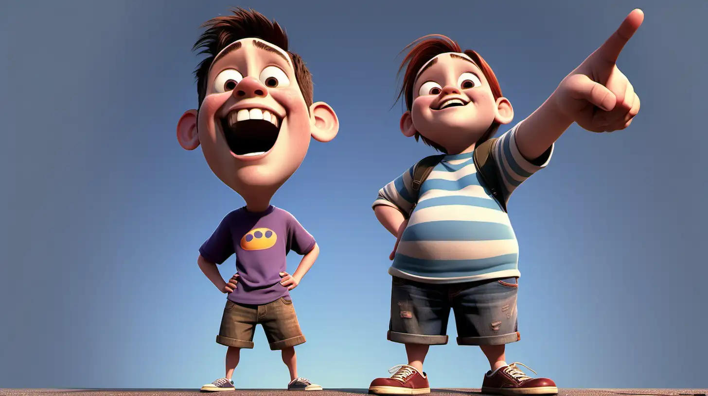 Pixar style low angle looking up at  younger short teen mean bully heavyset pointing down laughing full body no background