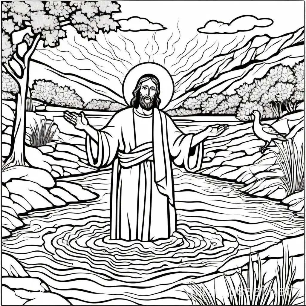 "Create an image suitable for a coloring book depicting the baptism of Christ. Capture the serene moment as Jesus stands in the river Jordan, with John the Baptist pouring water over him, while a dove descends from above. Ensure the scene radiates peace and spiritual significance, inviting children to color it with joy and reverence."
