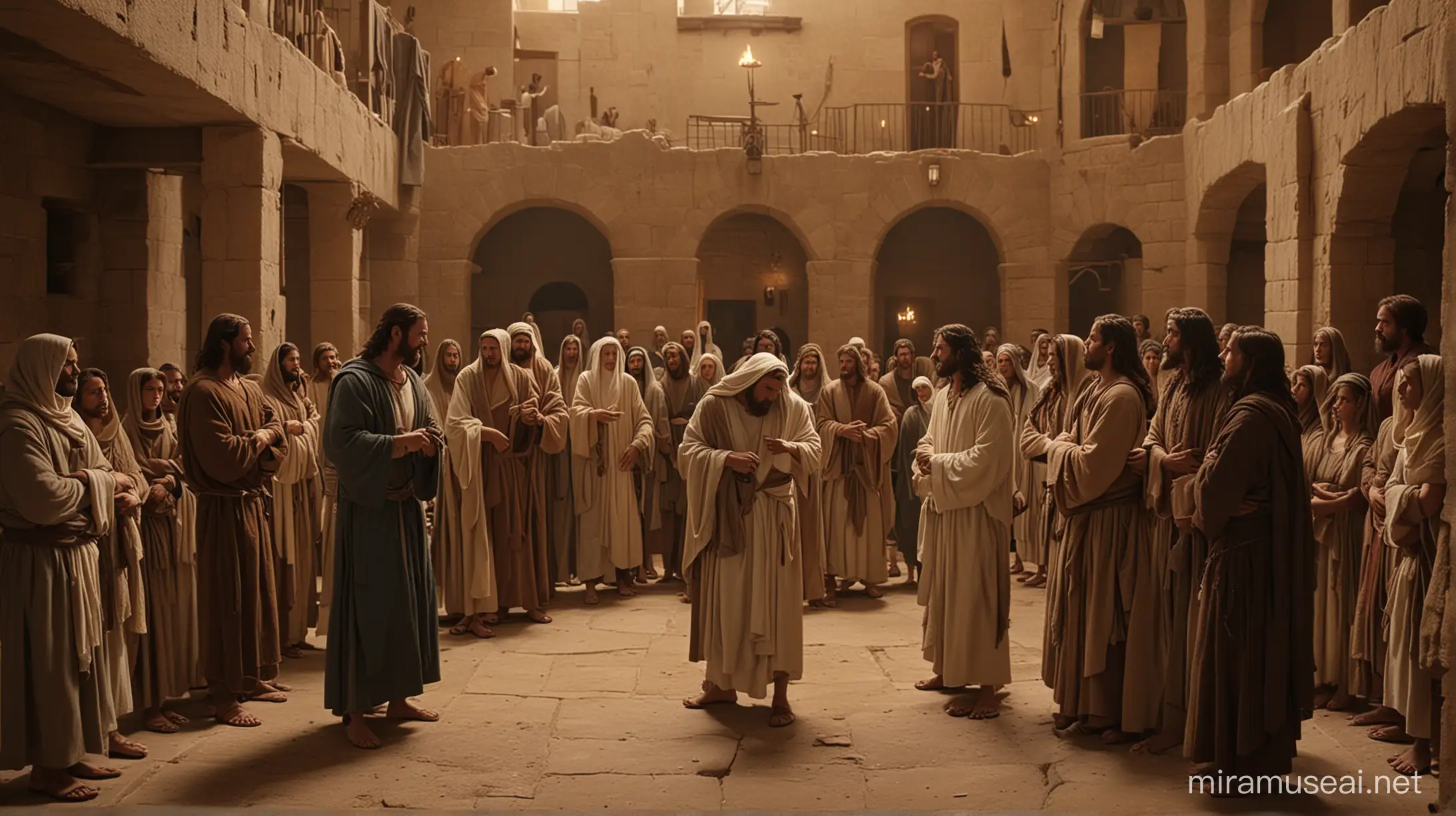 create an image of Jesus in a 1st century Nazareth house, gathered with his followers. 6k resolution, more realistic, based on the movie The Passion of the Christ.