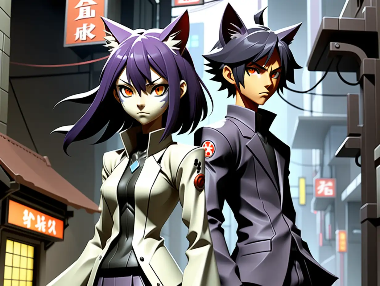 Generate concept art for a fake PS1 JRPG inspired by Izuna: Legend of the Unemployed Ninja, Neon Genesis Evangelion, Bleach, and Wolf's Rain. Illustrate a fantasy dungeon environment with a Japanese school girl protagonist featuring black hair and cat ears, accompanied by her male friend. Embrace the PS1 low-poly aesthetic, vibrant colors, and bold character designs. Infuse elements from the mentioned influences to create a visually compelling JRPG concept, capturing the essence of both franchises and the distinctive style of Bleach and Wolf's Rain. Design zodiac-inspired suits for added visual intrigue. The cover should depict a dynamic fight scene in a non-city sci-fi environment