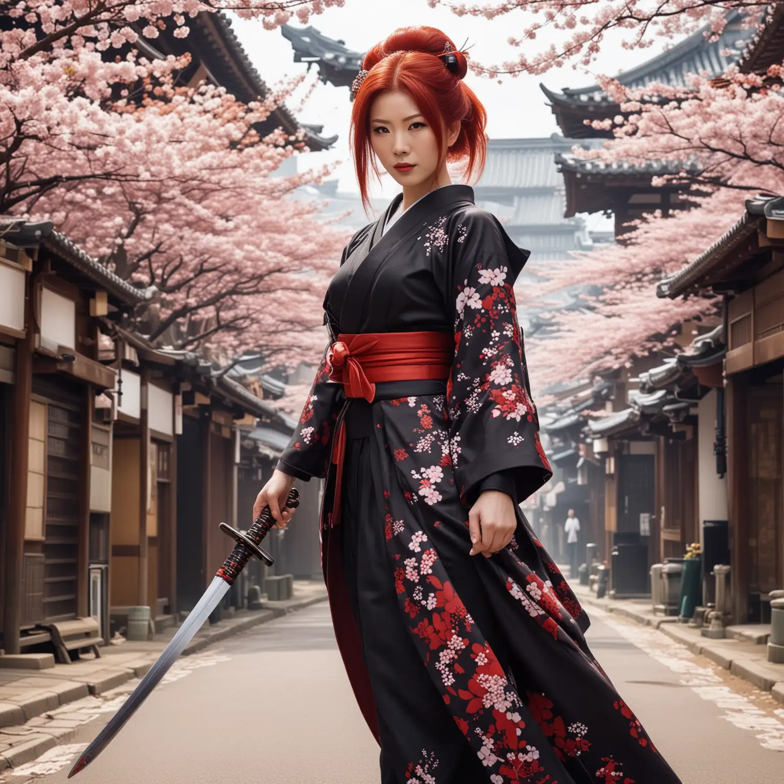 A 45 year old futuristic techno-geisha, who is also a master swordswoman. She is in the streets of Neo Edo, with blossom all over the ground. She has red hair, looks confident