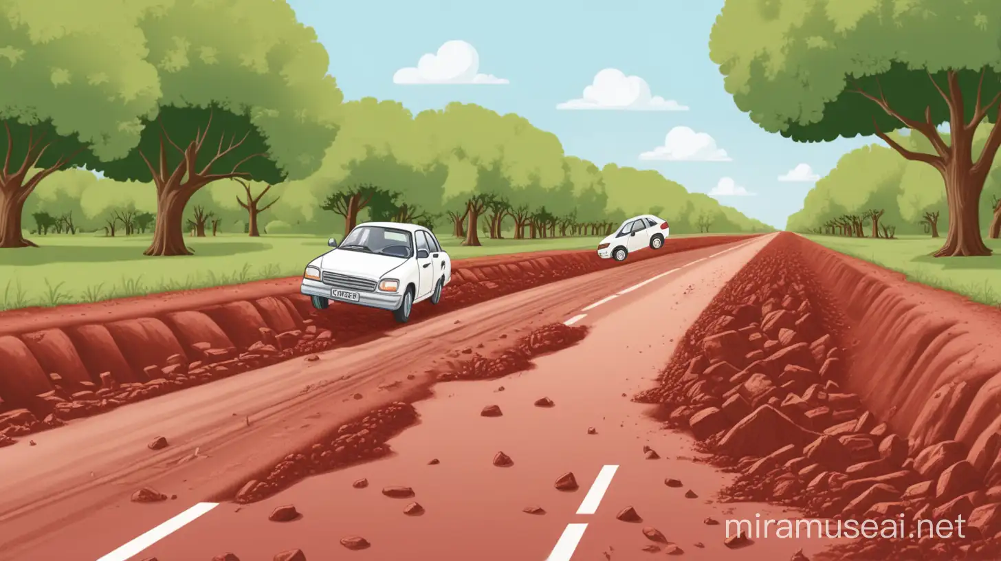 A plain road covered in red soil. Green trees around. A car accident. Please make the image cartoon type.