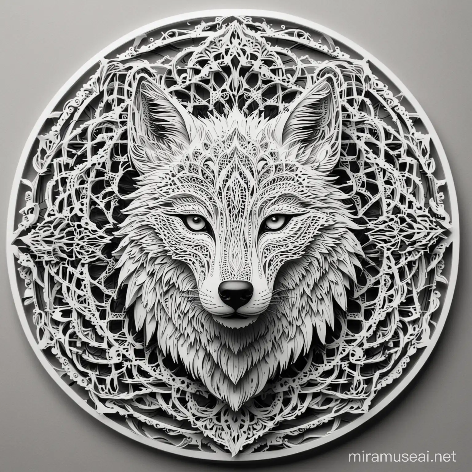 multilayer design for laser cut, mandala, wolf, perfectly symetrical black and white without shadow


