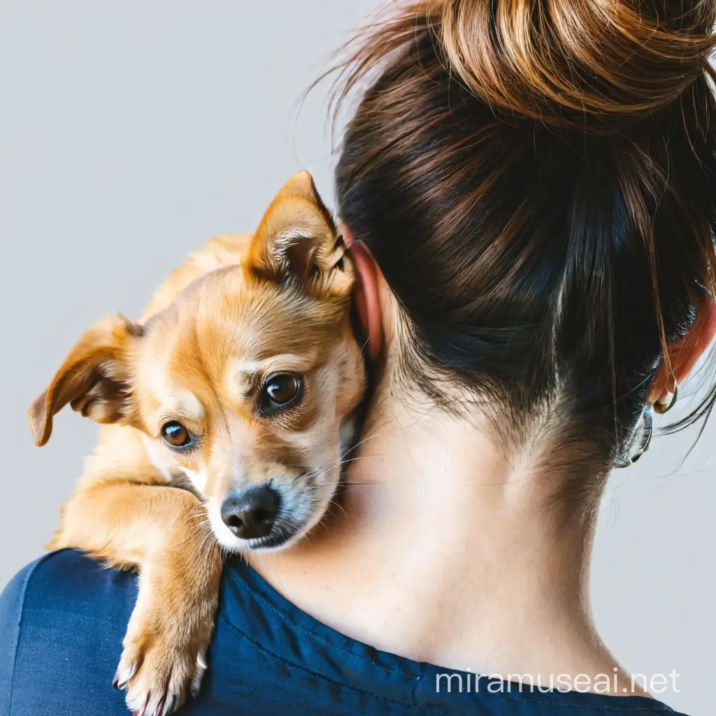 Frau in Rückenansicht, trägt einen kleinen Hund auf den Schultern, lebendig, detailliert, Licht und Schatten  