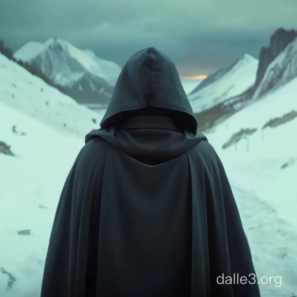 A dark-haired man wrapped in a hooded cloak on a snow-covered mountain path on the way to the dwarf kingdom, a view from the back