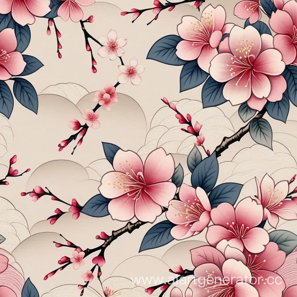 the color scheme is light, floral rapport diagonal pattern on the fabric; sakura flowers are used, sakura flowers consist of 5 petals, the flowers are separate from each other; teardrop-shaped leaves with slightly jagged edges, the style of the pattern is Japanese