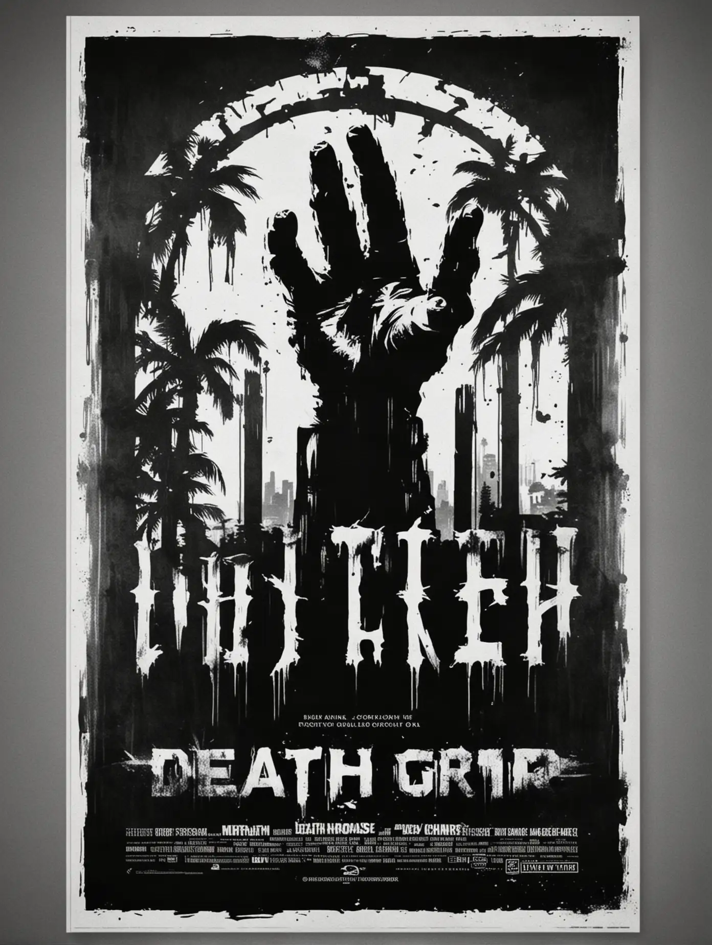 stencil, minimalist, simple, vector art, black and white, silhouette, negative space, grindhouse movie poster, "Death Grip" machine 