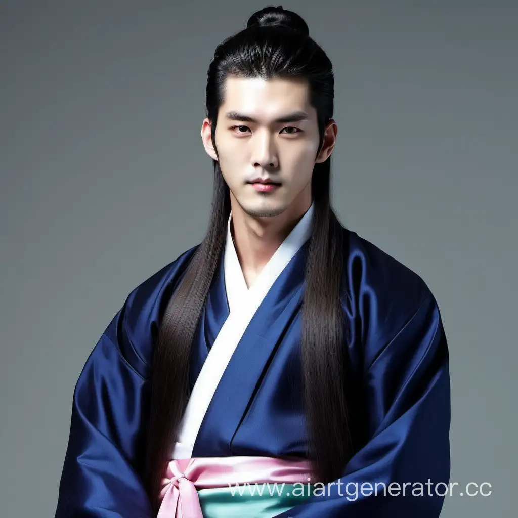 man in hanbok with long hair handsome rich no moustache no beard young and beautiful 