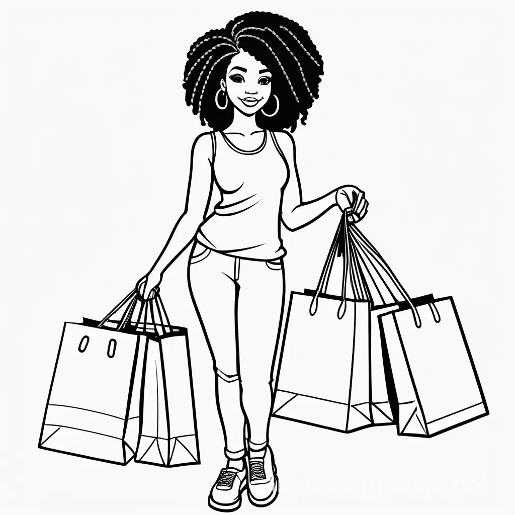 Pretty black woman holding shopping bags, Coloring Page, black and white, line art, white background, Simplicity, Ample White Space. The background of the coloring page is plain white to make it easy for young children to color within the lines. The outlines of all the subjects are easy to distinguish, making it simple for kids to color without too much difficulty