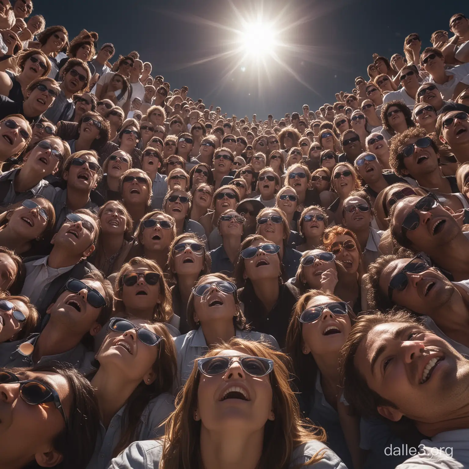 A stunning visual of a diverse group of individuals, all gazing upwards in wonder as they float towards the darkened sun during a total solar eclipse. Each person's unique expression of awe is captured in exquisite detail, from the glimmer in their eyes to the slight tilt of their heads. The eclipse sunglasses add a touch of mystery and intrigue to the scene, leaving viewers mesmerized by the rapture of the moment.