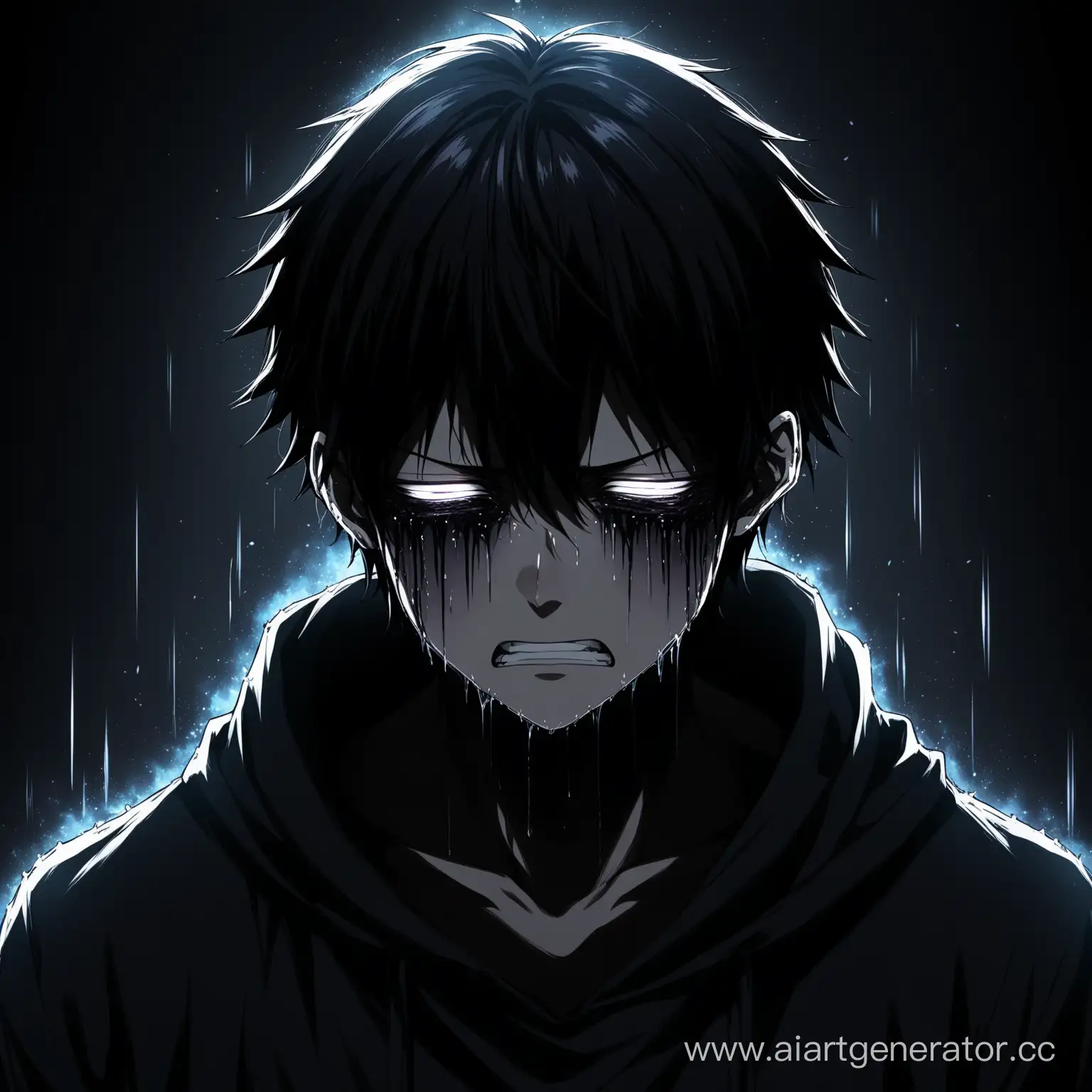 аниме персонаж очень страдает тёмная аура выходит из него по бокам плачет боль сила 