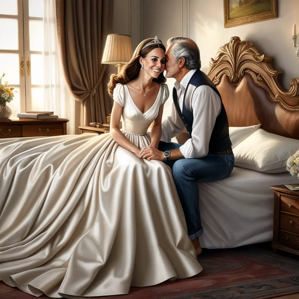 Gros plan, super realistic, couple in love, se regarde amoureusement sourire rafraîchissant, Kate Middleton, magnifique robe de princesse de mariée sans manches ivoire satin duchesse et pieds nus couché on the bed in the bedroom with her husband an old Andean man white shirt and jeans and pieds nus, facing towards the viewer, warm bedroom decor, two large pillows on the bed, bedding color scheme is brown, bedroom decor white-graphite.