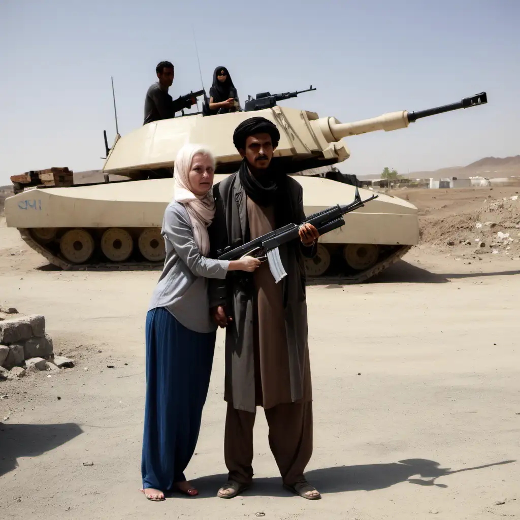 امراه سويديه مع رجل يمني يحمل السلاح بعيده. والدبابه واقفه خلفهم.