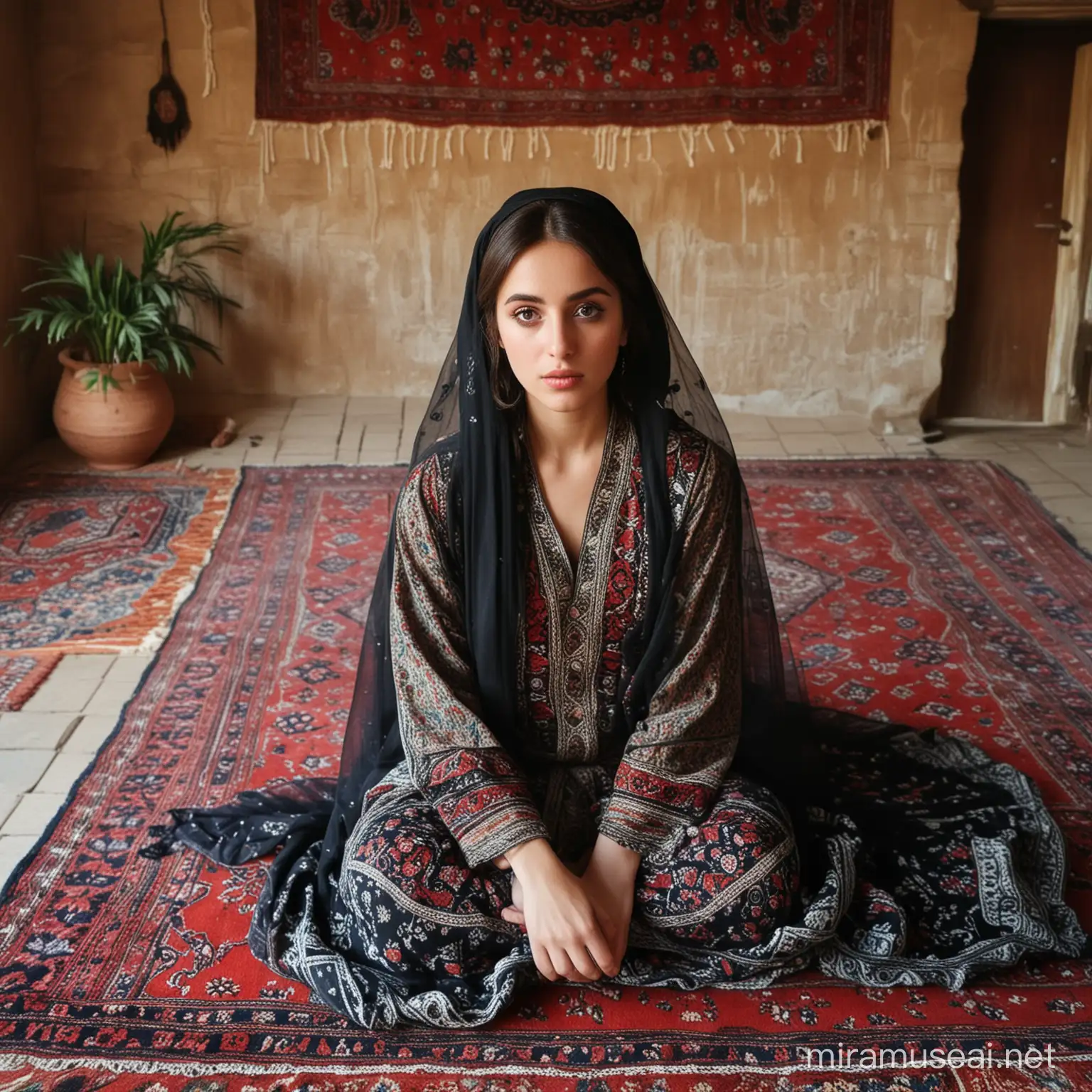 یک دختر زیبای حجابی با چشم‌های سیاه و بزرگ، و لب سکسی لباس کش دارد و در خانه قالین دار افغانی نشسته است، تصویر طوری باشد که همه چه طبیعی به نظر آید