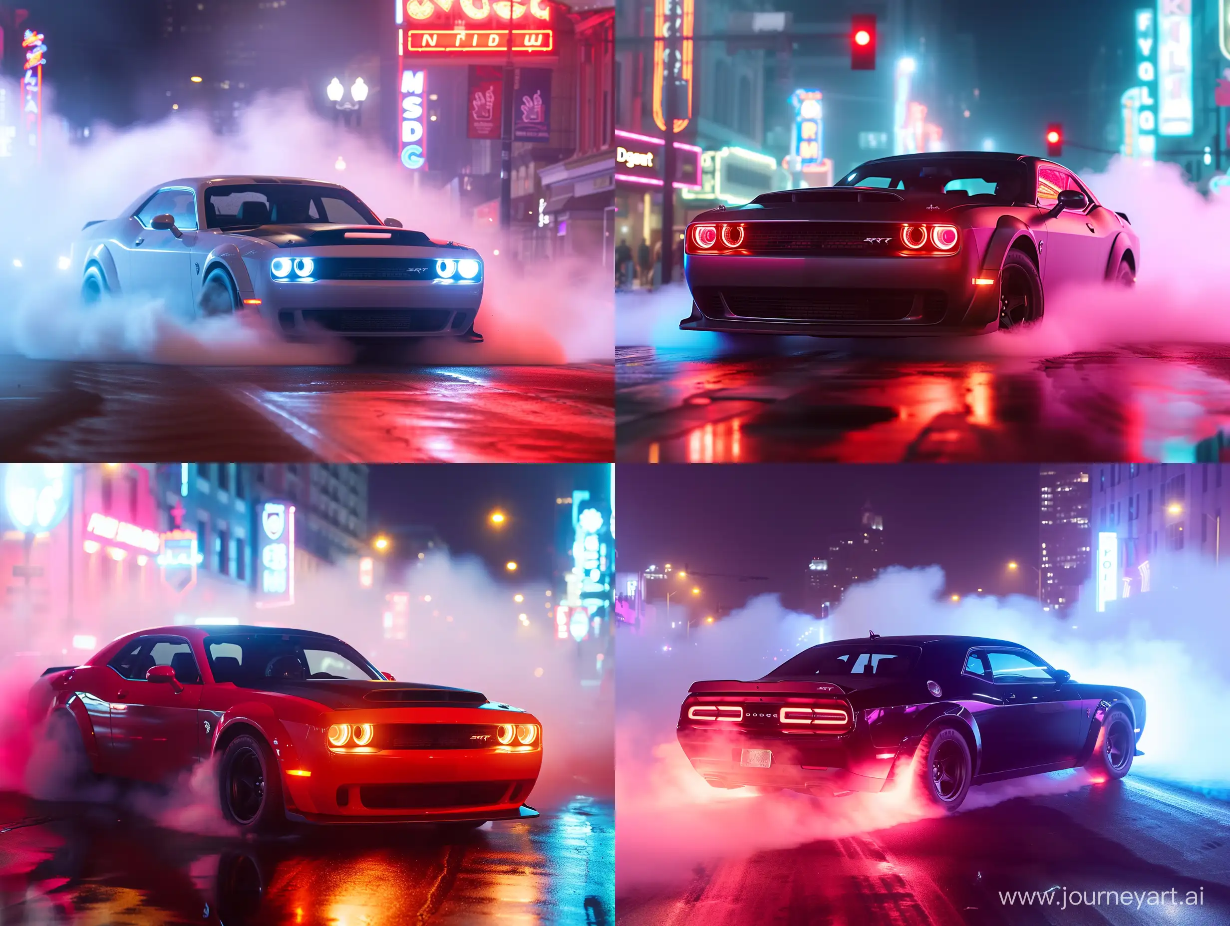 Dodge Challenger SRT Demon 170, night city, neon, burnout, a lot of smoke from under the wheels, realistic 