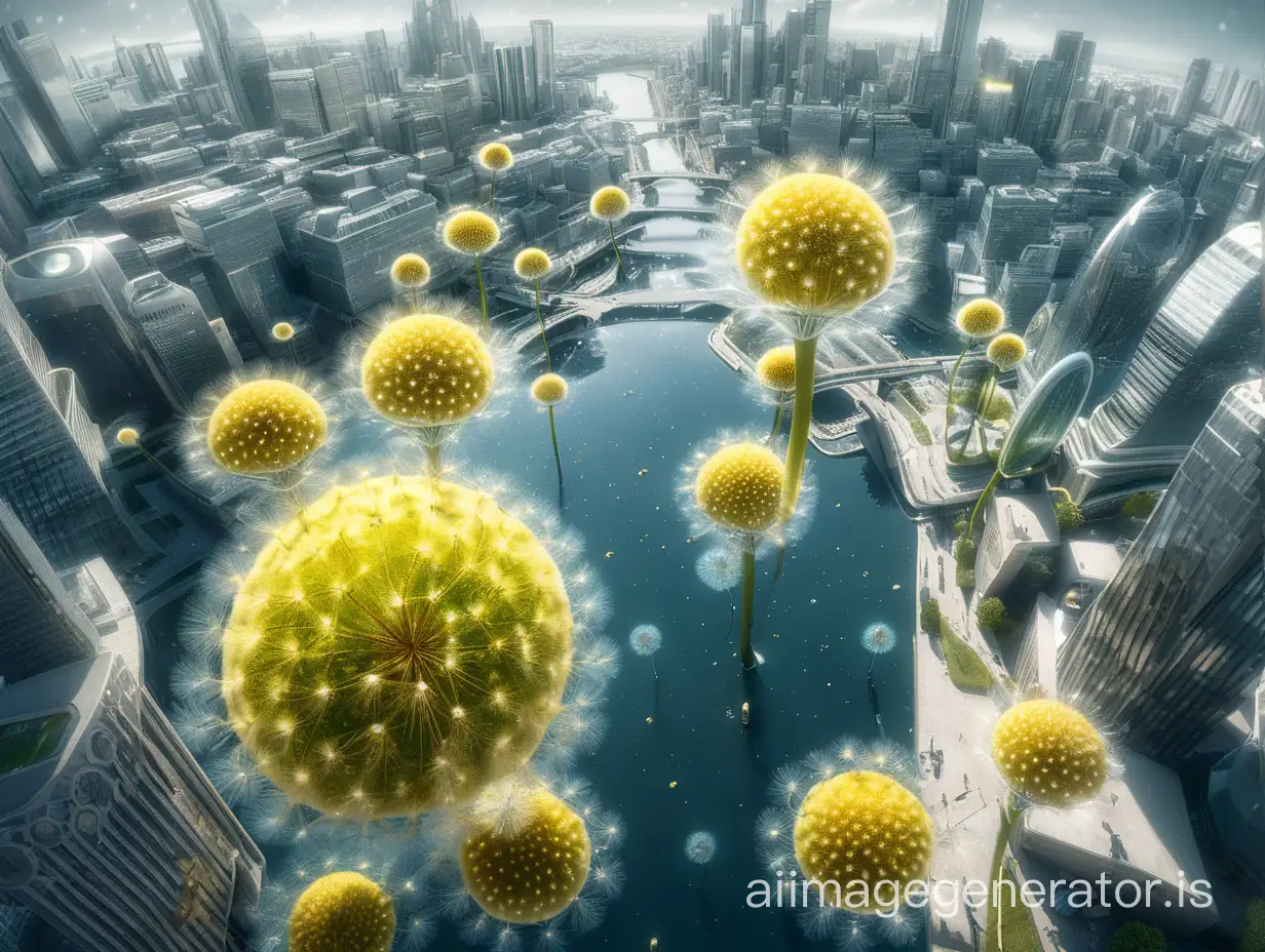 Futuristic-Cityscape-with-Floating-Dandelion-Seeds