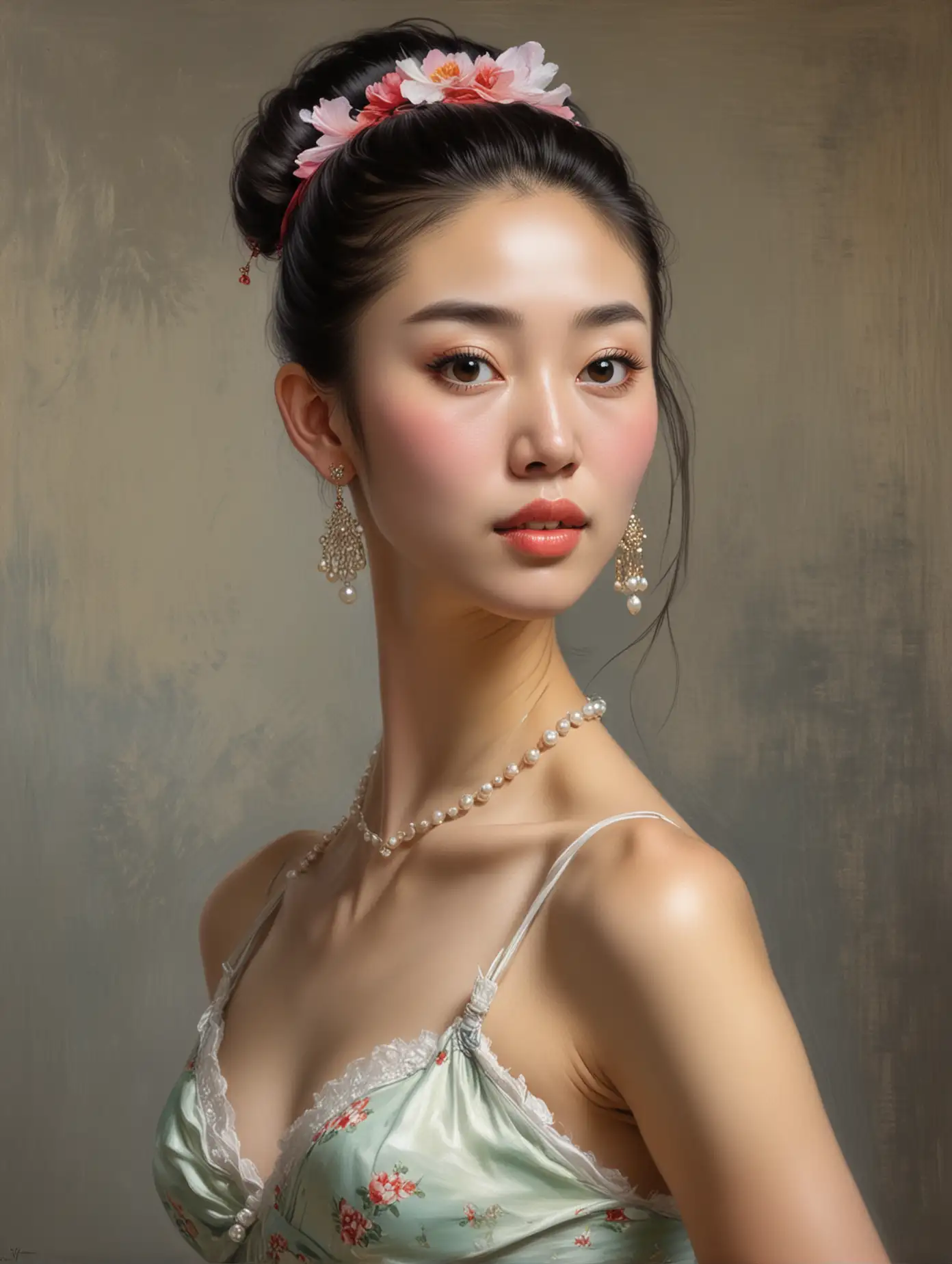 Monet front view  oil painting of a very skinny  incredibly beautiful Chinese princess with pearl earrings with very thick eyebrows showing a lot of cleavage with underarm hair dancing the Flamenco with hair in a bun in bikini