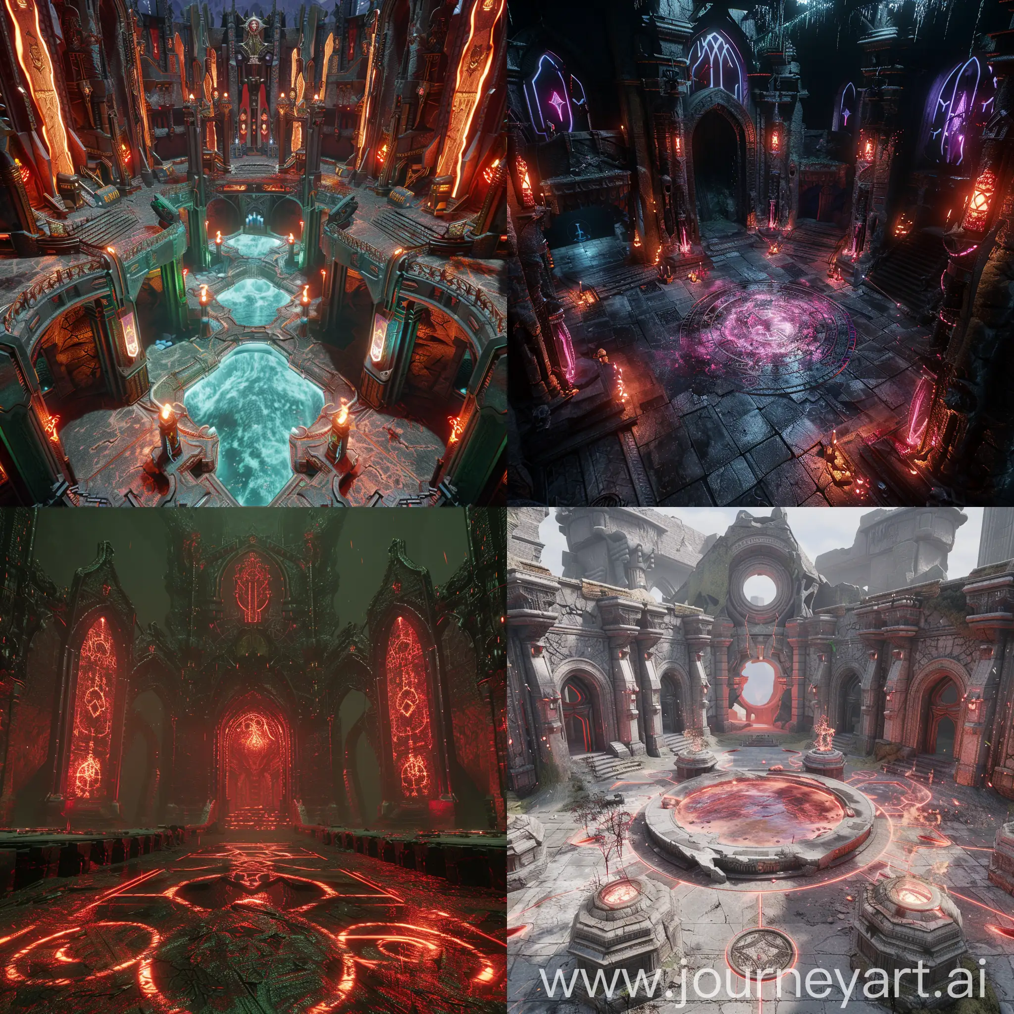 Imagine a screenshot of a Arcane nexus themed UE5 map, suitable for a Wizard themed FPS that is inspired by Doom Eternal and Devil Daggers.
 