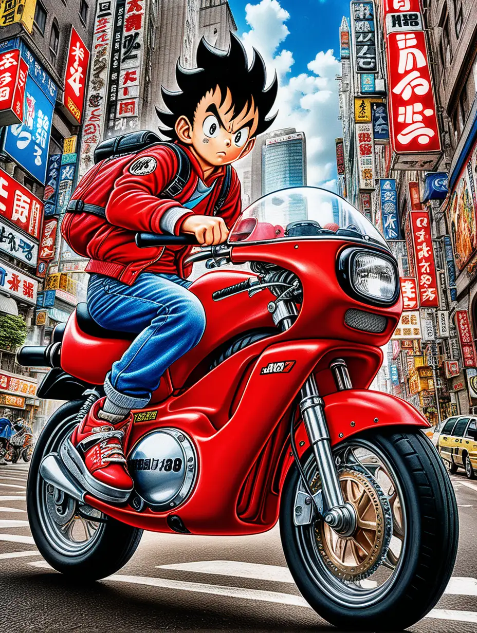 (cinematic lighting), Akira Toriyama, the legendary manga artist, enjoys a leisurely ride on his iconic red bike through the bustling streets of a vibrant, manga-inspired cityscape, intricate details, detailed face, detailed eyes, hyper realistic photography,--v 5,