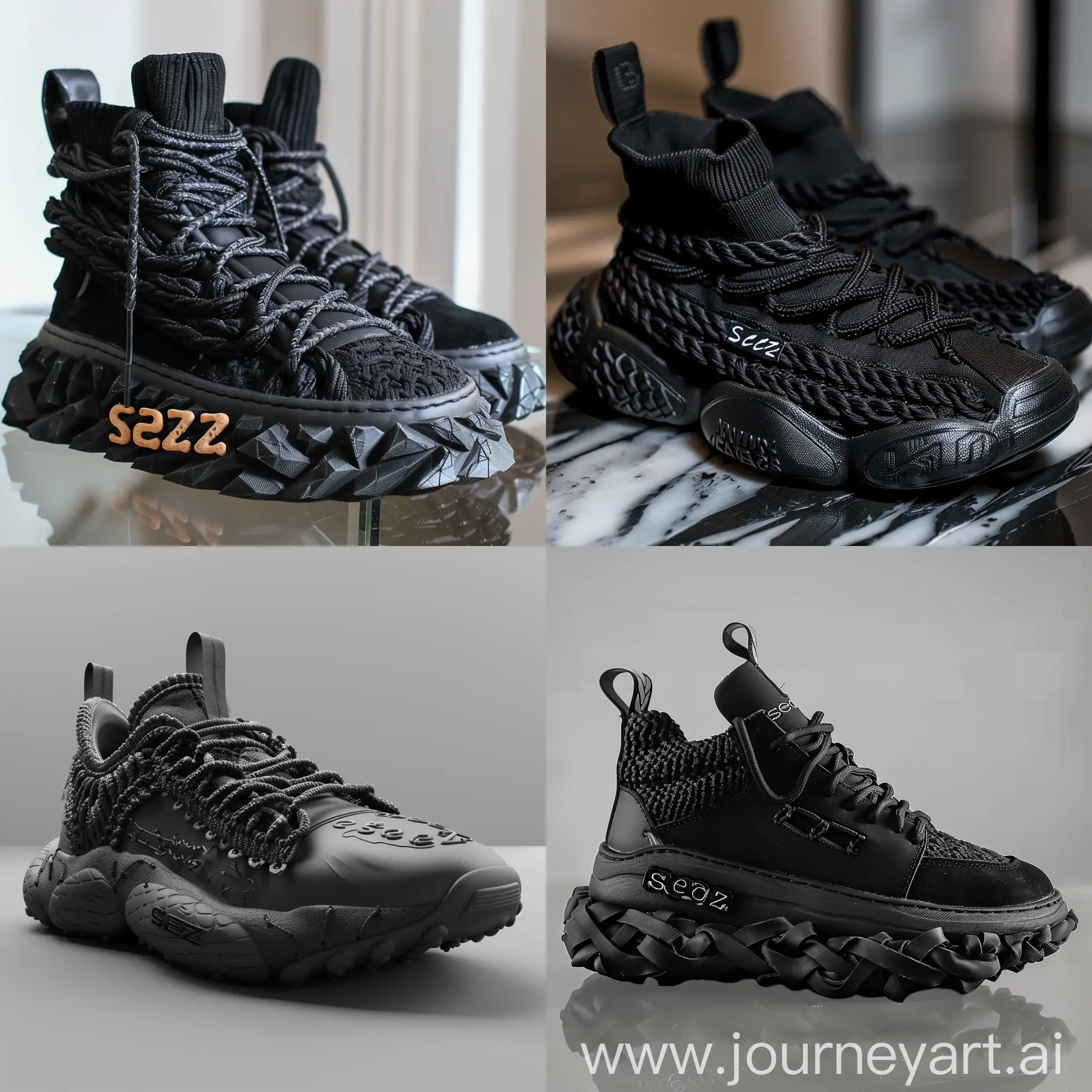 Oversized Sneakers design , inspiration by knitted fabrics , some knitted cables on it , knitted cables rubber midsole inspiration ,  chunky , trendy ,main color black , butter knitted laces , some black leather on top , some black suede for tongue and upper , draw knitted word (sedz) on outsole as logo