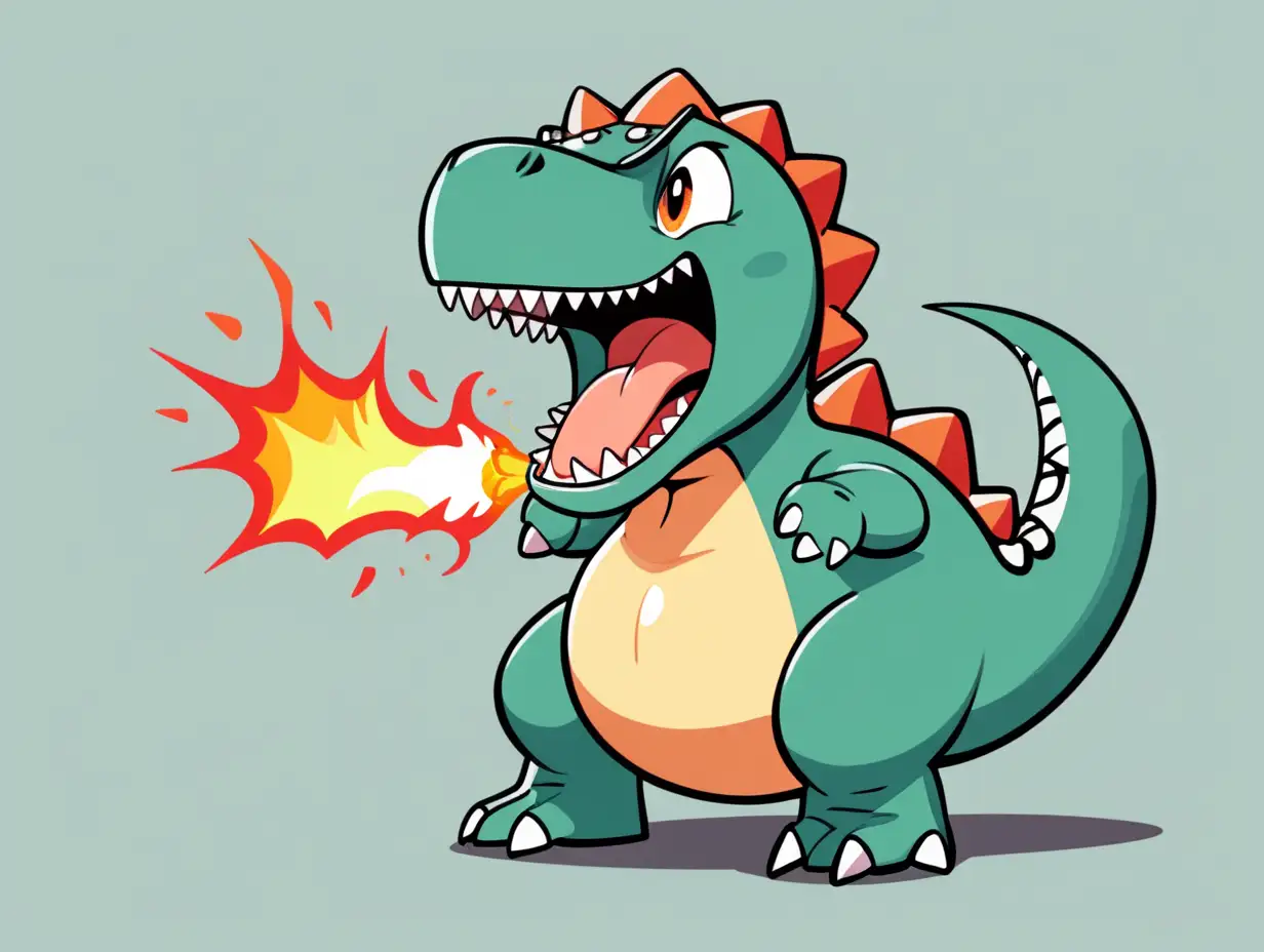 cute female dinosaur open mouth, spitting fire, angry face, simple vector, 2d