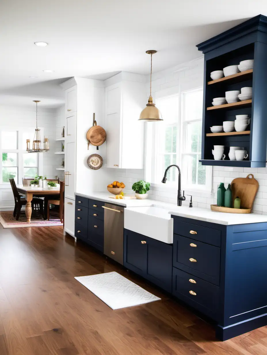Chic Farmhouse Kitchen with Navy Blue and White Cabinets Farmhouse Sink and Wood Floors