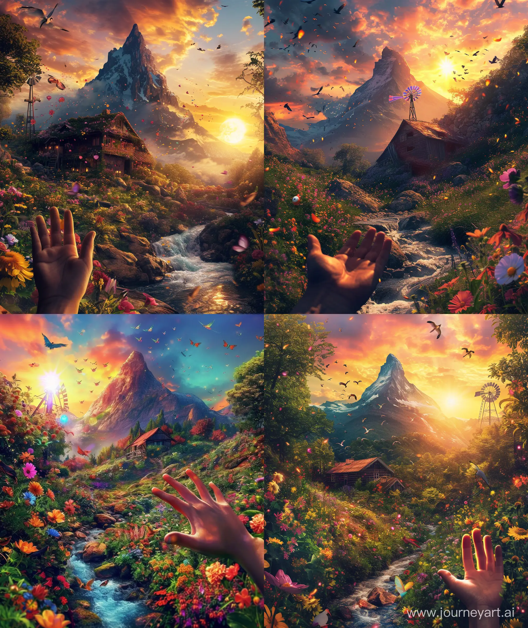 Anime scenary, mountain under house, beautiful hand, sun beside mountain, colorful sky, stream, many colorful flowers, many flying birds, anime scenary, electric wind mill , Ultra hd, High quality, sharp details focus --ar 27:32 --v 6 