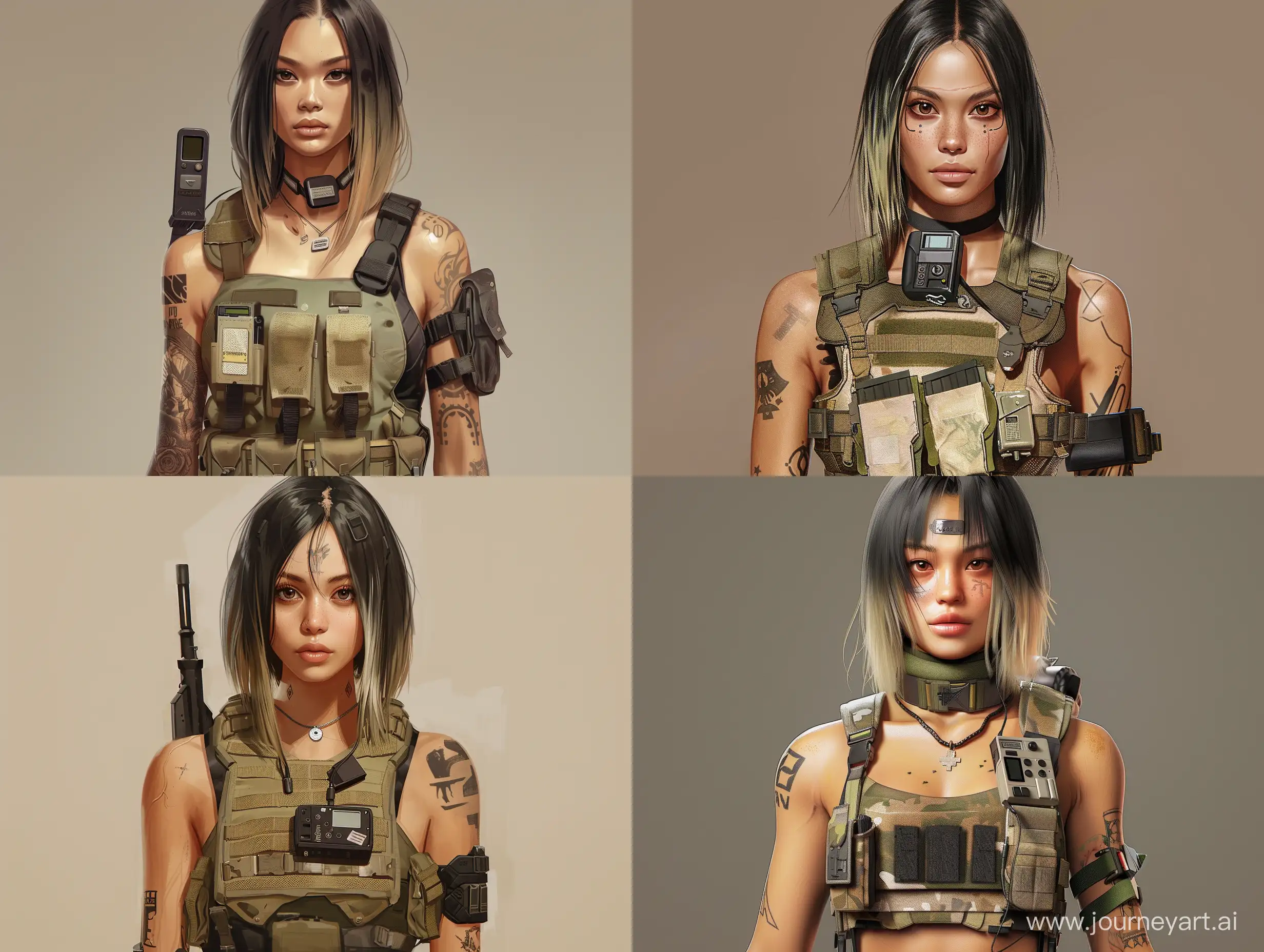 Made in a good-looking art style semi-realism or anime. She was in a customized military uniform with random accessories, there was a walkie-talkie on her armor vest, a dog tag on her neck, and the rest of the equipment on her toned but still pale body. A neat black but blonde at the roots of straight medium hair accentuated the jawline. Her appearance was like a mixed Slavic woman. Brown almost lantern-piercing eyes and a defiant attitude. Tattoos along arms.