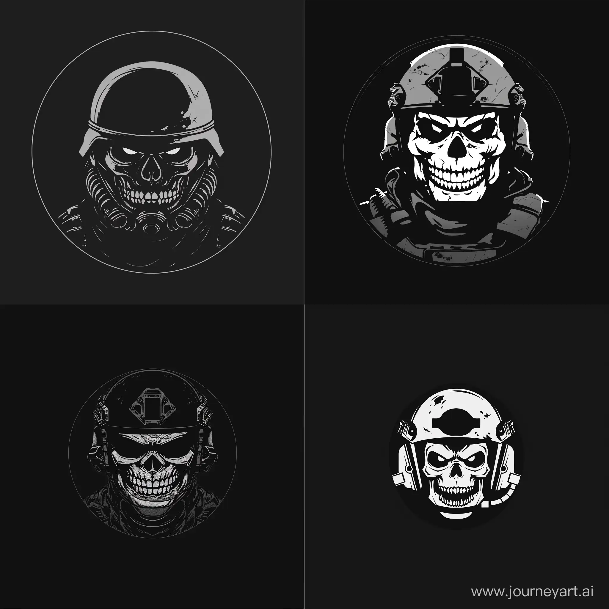 logo, black circle, angry smile, minimalistic, modern military equipment, helmet, madness in eyes, skull mask, black background