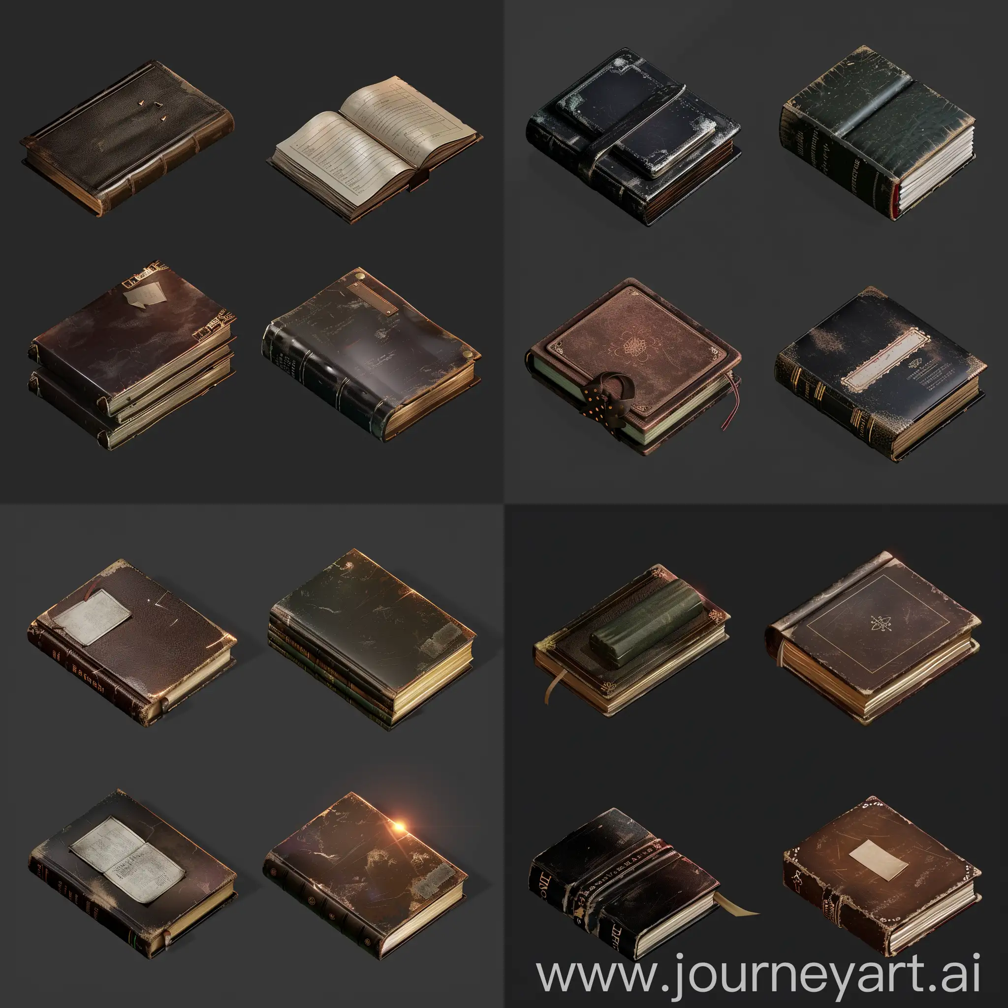 https://i.imgur.com/Do8RrB5.png realistic photo of isometric set of worn book without labels in style of unreal engine 5 realistic 3d game asset, shiny, lighting, leather cover, isometric set