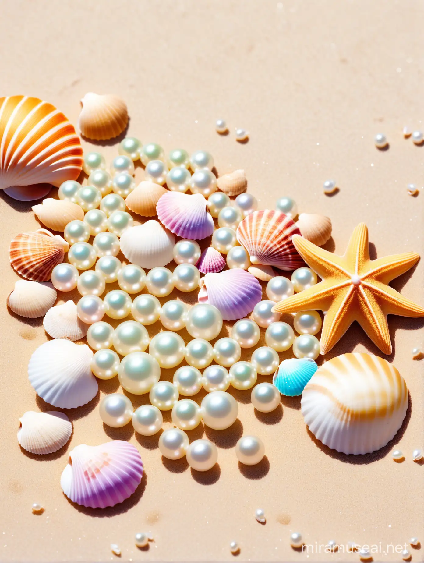 五颜六色风格的海滩上有珍珠，还有各种各样的贝壳