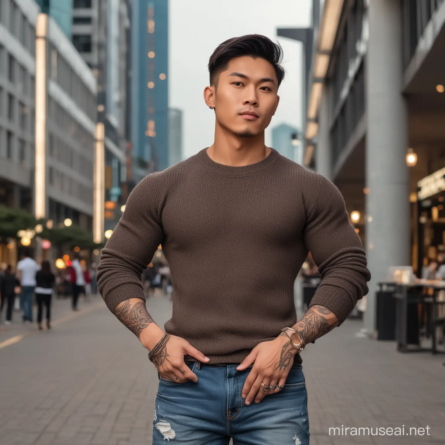 A handsome muscle young asian favour, fringe hair style, cross arms, tattoo, wearing lithe knit sweater, jeans pants. cool posing on mall, at the dusk