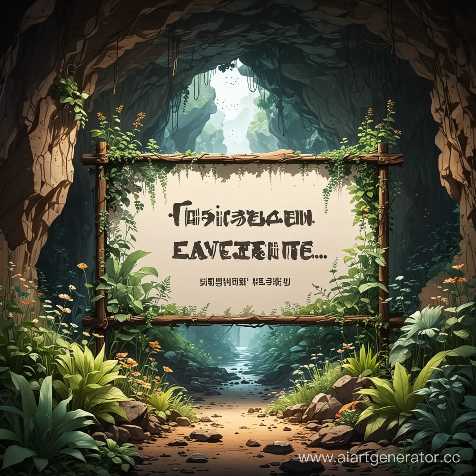 Табличка в пещере полной растений, без надписи, в анимешном стиле