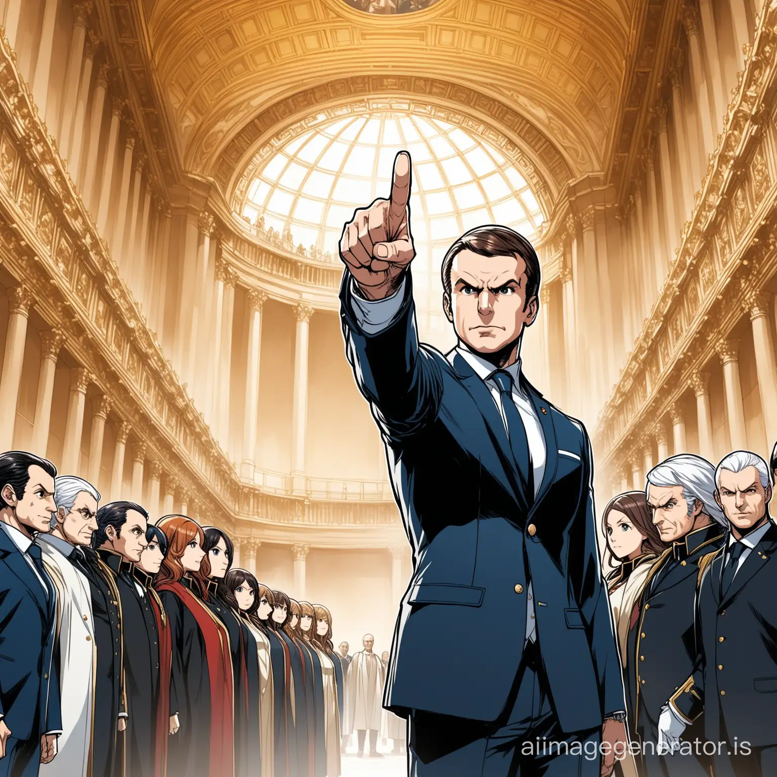 An image of Emmanuel Jean-Michel Frédéric Macron pointing at the opposite side of French museums while being looked by classic French judges. The image should symbolize radical shift, a pivotal moment. Make it in the style of anime