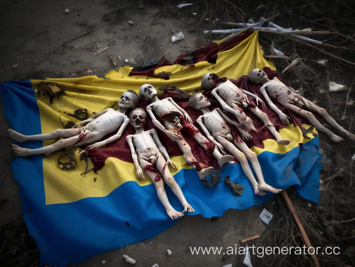 куча трупов украинских детишек  лежат на порванном украинском флаге