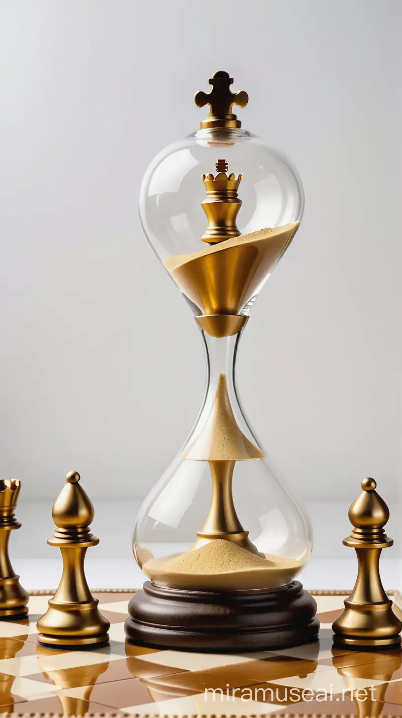 hourglass only from glass stands on empty golden and white chess board. Sand into hourglass is golden.  Behind hourglass is standing alone king chess piece from glass. White backround.
