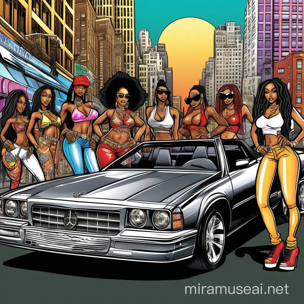  Hip hop designs flashy pimped out clothes rappers cruising through iconic city locations in a luxury car, showcasing the urban landscape in early 2010s and skyline.nightlife, and cultural landmarks. of the flashy rappers interacting with groups of african american sexy fan girls,and local communities to promote unity and connection in 2012 cartoon model